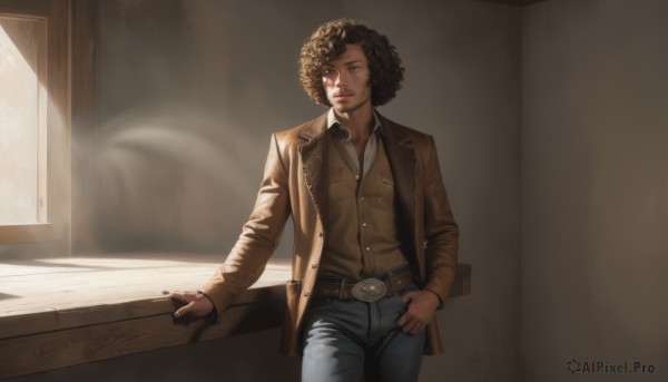 solo,looking at viewer,brown hair,shirt,black hair,long sleeves,1boy,brown eyes,standing,jacket,male focus,cowboy shot,open clothes,collared shirt,belt,pants,indoors,lips,coat,window,dress shirt,buttons,shadow,facial hair,sunlight,denim,buckle,curly hair,brown jacket,jeans,belt buckle,realistic,afro,blue eyes,jewelry,white shirt,open jacket,hand on hip,looking to the side,backlighting,brown belt