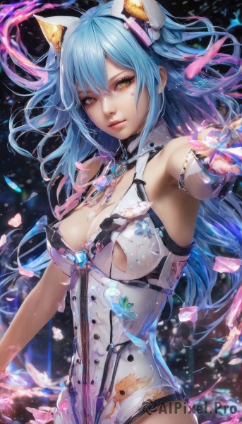 1girl,solo,long hair,breasts,looking at viewer,bangs,blue eyes,hair ornament,animal ears,cleavage,hair between eyes,bare shoulders,jewelry,medium breasts,blue hair,yellow eyes,multicolored hair,cowboy shot,parted lips,cat ears,armpits,leotard,lips,petals,clothing cutout,gradient hair,floating hair,fake animal ears,headgear,heterochromia,cleavage cutout,zipper,realistic,white leotard,large breasts,upper body,ahoge,nose