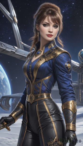 1girl,solo,long hair,breasts,looking at viewer,brown hair,shirt,gloves,long sleeves,brown eyes,jewelry,medium breasts,standing,ponytail,weapon,cowboy shot,earrings,sky,black gloves,pants,lips,bodysuit,makeup,black pants,blue shirt,lipstick,star (sky),starry sky,red lips,space,planet,earth (planet),spacecraft,cleavage,necklace,polearm,realistic