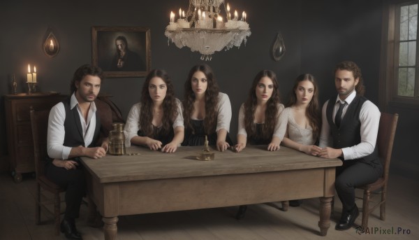 long hair,breasts,looking at viewer,multiple girls,brown hair,shirt,black hair,long sleeves,1boy,dress,cleavage,brown eyes,jewelry,medium breasts,sitting,white shirt,braid,earrings,multiple boys,necktie,collared shirt,pants,indoors,3girls,necklace,vest,window,4girls,facial hair,siblings,chair,black pants,table,crossed legs,black necktie,beard,curly hair,black vest,twins,wooden floor,realistic,mustache,candle,photo (object),picture frame,painting (object),candlestand,wooden table,portrait (object),candlelight,shoes,2boys,lips,makeup,formal,lipstick,fine art parody