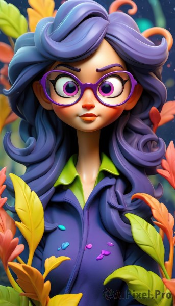 1girl,solo,long hair,looking at viewer,smile,shirt,closed mouth,blue hair,purple eyes,upper body,purple hair,flower,multicolored hair,glasses,collared shirt,artist name,lips,eyelashes,makeup,leaf,watermark,lipstick,web address,eyeshadow,personification,freckles,curly hair,petals,plant,messy hair,green shirt,purple-framed eyewear