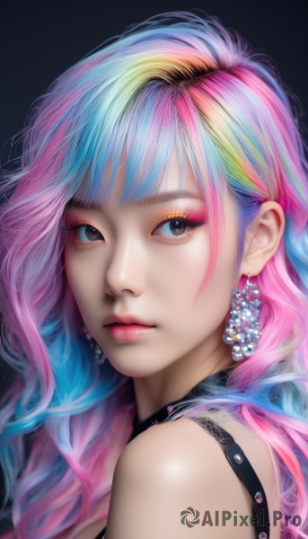 1girl,solo,long hair,looking at viewer,bangs,blue eyes,simple background,bare shoulders,brown eyes,jewelry,closed mouth,blue hair,upper body,pink hair,multicolored hair,earrings,choker,black eyes,from side,two-tone hair,lips,looking to the side,eyelashes,aqua hair,gradient hair,makeup,lipstick,black background,portrait,eyeshadow,pink lips,realistic,nose,eyeliner,mascara,rainbow hair,blonde hair,shiny,streaked hair,watermark,gem,close-up