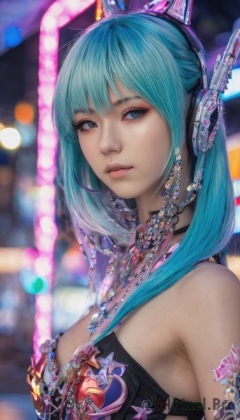 1girl,solo,long hair,breasts,looking at viewer,bangs,blue eyes,animal ears,cleavage,bare shoulders,twintails,jewelry,medium breasts,closed mouth,blue hair,upper body,choker,necklace,blurry,lips,eyelashes,aqua hair,blurry background,fake animal ears,headphones,realistic,nose,animal ear headphones,cat ear headphones,mechanical ears,bikini,multicolored hair,parted lips,bra,from side,aqua eyes,tattoo,depth of field,black bra