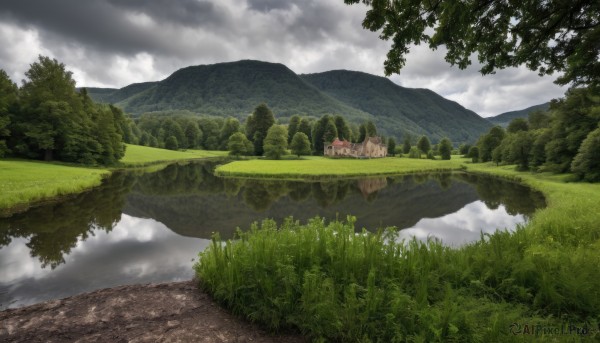 outdoors,sky,day,cloud,water,tree,blue sky,no humans,cloudy sky,grass,building,nature,scenery,forest,mountain,road,bush,river,landscape,path,reflection,mountainous horizon,lake,reflective water