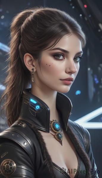 1girl,solo,long hair,breasts,looking at viewer,brown hair,cleavage,brown eyes,jewelry,medium breasts,jacket,upper body,ponytail,earrings,small breasts,parted lips,necklace,mole,blurry,lips,black jacket,eyelashes,mole under eye,makeup,blurry background,freckles,science fiction,realistic,nose,artist name,signature,facial mark,eyeshadow,eyeliner