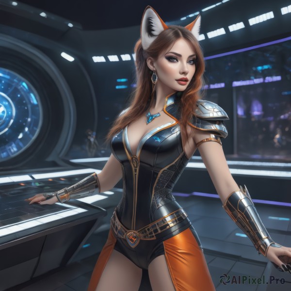 1girl,solo,long hair,breasts,looking at viewer,large breasts,brown hair,animal ears,cleavage,brown eyes,jewelry,medium breasts,standing,cowboy shot,earrings,parted lips,shorts,solo focus,belt,indoors,cat ears,necklace,nail polish,armor,leotard,lips,fingernails,fox ears,makeup,fake animal ears,lipstick,shoulder armor,instrument,black nails,black leotard,armlet,pauldrons,realistic,vambraces,red lips,bracer,piano,bangs,ponytail,artist name,signature,blurry,parted bangs,bodysuit,blurry background,pendant,half updo,freckles