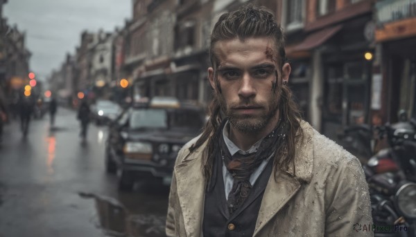 solo,long hair,looking at viewer,brown hair,shirt,black hair,1boy,brown eyes,jewelry,closed mouth,jacket,white shirt,upper body,male focus,earrings,outdoors,necktie,solo focus,collared shirt,blurry,vest,coat,depth of field,blurry background,facial hair,scar,ground vehicle,building,black necktie,motor vehicle,beard,scar on face,black vest,brown jacket,city,realistic,scar across eye,car,motorcycle,brown vest,day,scarf,lips,road,brown coat,street,photo background,brown necktie,eyebrow cut