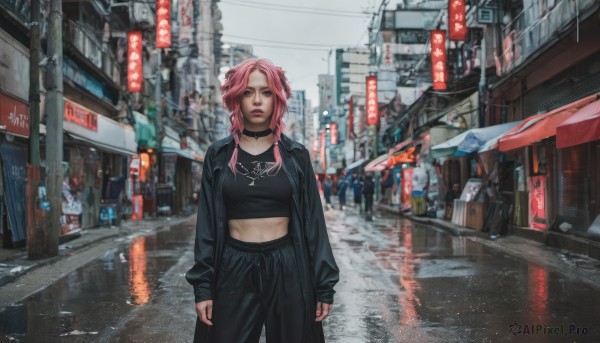 1girl,solo,long hair,breasts,looking at viewer,shirt,long sleeves,navel,jewelry,medium breasts,closed mouth,standing,jacket,pink hair,cowboy shot,outdoors,open clothes,solo focus,choker,day,midriff,pants,necklace,blurry,open jacket,lips,coat,black jacket,crop top,black choker,black pants,ground vehicle,building,scenery,motor vehicle,reflection,rain,open coat,black coat,city,sign,realistic,arms at sides,road,street,photo background,cyberpunk,reflective water,crosswalk,real world location,storefront,alternate costume,sleeves past wrists,blurry background,umbrella,cityscape,neon lights,sweatpants