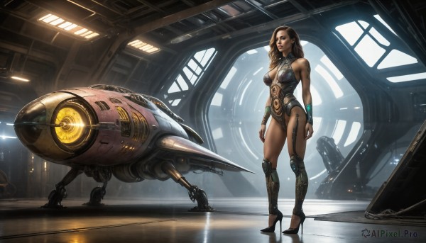 HQ,1girl,solo,long hair,breasts,brown hair,black hair,navel,cleavage,bare shoulders,brown eyes,jewelry,medium breasts,standing,earrings,indoors,dark skin,high heels,dark-skinned female,lips,clothing cutout,tattoo,robot,mecha,reflection,science fiction,realistic,aircraft,center opening,navel cutout,spacecraft,looking at viewer,full body,boots,barefoot,signature,armor,leotard,window,makeup,lipstick,machinery,backlighting,arms at sides,toeless legwear,tiptoes,wide shot,dirty,lights,reflective floor,machine