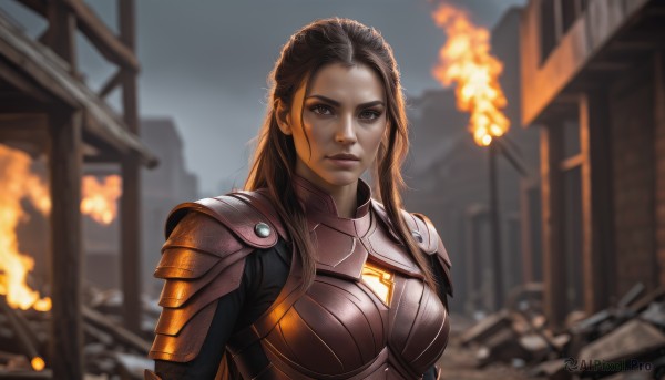 A female amidst a vivid fiery outdoors