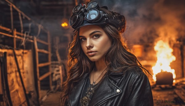 1girl,solo,long hair,looking at viewer,brown hair,brown eyes,jewelry,jacket,upper body,outdoors,signature,necklace,blurry,lips,black jacket,blurry background,cross,fire,goggles,ground vehicle,motor vehicle,smoke,goggles on head,realistic,nose,leather,cross necklace,leather jacket,goggles on headwear,hat,depth of field,wavy hair,steampunk