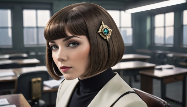 1girl,solo,looking at viewer,short hair,bangs,brown hair,shirt,hair ornament,brown eyes,closed mouth,jacket,indoors,blunt bangs,mole,blurry,lips,black shirt,mole under eye,window,makeup,blurry background,turtleneck,chair,bob cut,lipstick,portrait,desk,realistic,nose,classroom,upper body,eyelashes,pink lips,turtleneck sweater