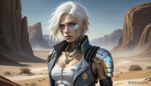 HQ,1girl,solo,breasts,looking at viewer,short hair,blue eyes,cleavage,jewelry,medium breasts,collarbone,jacket,upper body,white hair,earrings,small breasts,outdoors,parted lips,open clothes,sky,sleeveless,day,artist name,necklace,armor,vest,open jacket,lips,makeup,facial mark,tank top,shoulder armor,pendant,cropped jacket,science fiction,mountain,realistic,nose,sand,cyborg,dirty,open vest,sleeveless jacket,desert,dirty face,dust,collar,blue sky,torn clothes,tattoo,chain,wind,facial tattoo,denim jacket