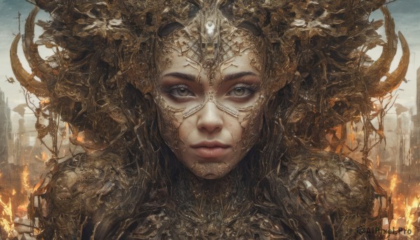 1girl,solo,long hair,looking at viewer,brown hair,black hair,brown eyes,closed mouth,upper body,outdoors,sky,armor,lips,grey eyes,makeup,helmet,fire,building,portrait,science fiction,city,realistic,fantasy,burning,horns,eyelashes,expressionless,shoulder armor,close-up,eyeshadow,pauldrons,cityscape