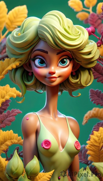 1girl,solo,breasts,looking at viewer,smile,short hair,blue eyes,blonde hair,dress,navel,cleavage,bare shoulders,jewelry,medium breasts,closed mouth,green eyes,collarbone,upper body,flower,earrings,small breasts,green hair,artist name,blurry,covered nipples,aqua eyes,lips,eyelashes,makeup,fruit,leaf,thick eyebrows,lipstick,breasts apart,eyeshadow,freckles,green background,curly hair,nipples,covered navel,piercing