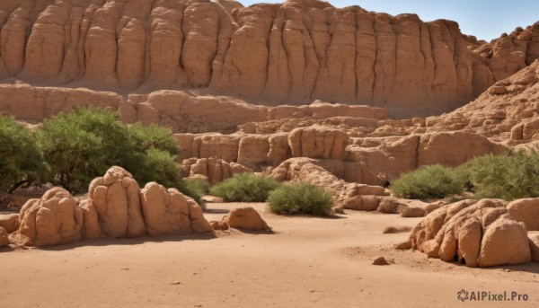 outdoors,sky,day,tree,blue sky,no humans,grass,nature,scenery,rock,sand,road,bush,desert,stone,cliff