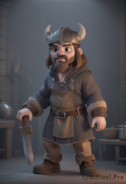 solo,brown hair,long sleeves,1boy,holding,brown eyes,closed mouth,standing,full body,weapon,male focus,boots,horns,belt,pants,sword,artist name,indoors,medium hair,holding weapon,armor,black eyes,fur trim,facial hair,brown footwear,table,thick eyebrows,helmet,knife,beard,mustache,brown belt,fake horns,male child,brown pants,horned helmet,realistic,leather,tunic