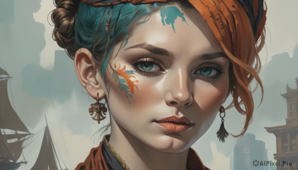 1girl,solo,looking at viewer,short hair,blue eyes,hair ornament,jewelry,closed mouth,green eyes,blue hair,braid,multicolored hair,earrings,hair bun,orange hair,two-tone hair,aqua eyes,lips,eyelashes,tattoo,makeup,facial mark,building,portrait,freckles,realistic,nose,red lips,facepaint,brown hair,close-up,architecture,facial tattoo