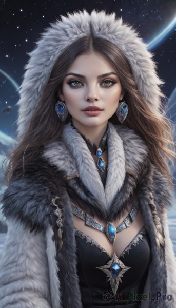 1girl,solo,long hair,breasts,looking at viewer,brown hair,cleavage,brown eyes,jewelry,medium breasts,green eyes,upper body,earrings,parted lips,sky,hood,lips,coat,fur trim,gem,star (sky),cloak,hood up,starry sky,realistic,space,planet,dress,choker,signature,necklace,eyelashes,makeup,night,lipstick,brooch,night sky,forehead,fur collar,nose,red lips,straight-on,crystal earrings