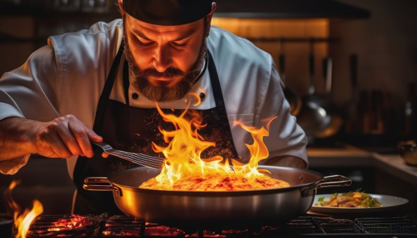 solo,short hair,shirt,black hair,1boy,holding,closed mouth,closed eyes,upper body,male focus,food,indoors,blurry,apron,blurry background,facial hair,fire,facing viewer,beard,sleeves rolled up,mature male,cooking,kitchen,frying pan,arm hair,black apron,brown hair,hat,white shirt,muscular,muscular male,bara,scar on face,bandana,mustache,manly,brown apron