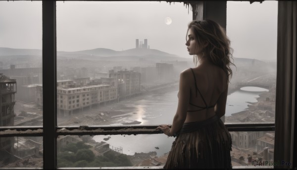 1girl,solo,long hair,looking at viewer,skirt,brown hair,black hair,bare shoulders,brown eyes,jewelry,earrings,outdoors,sky,looking back,water,from behind,lips,window,back,moon,building,scenery,full moon,brown skirt,city,railing,cityscape,bridge,river,lake,breasts,closed mouth,standing,artist name,indoors,bra,profile,reflection