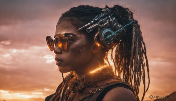 1girl,solo,long hair,black hair,jewelry,upper body,ponytail,earrings,outdoors,parted lips,sky,glasses,cloud,dark skin,from side,dark-skinned female,lips,tattoo,glowing,headphones,sunglasses,cloudy sky,portrait,headset,science fiction,sunset,realistic,nose,tinted eyewear,very dark skin,dreadlocks,aviator sunglasses,closed eyes,profile,goggles,lens flare,facepaint