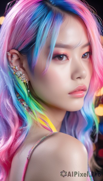 1girl,solo,long hair,looking at viewer,bangs,bare shoulders,brown eyes,jewelry,blue hair,upper body,pink hair,multicolored hair,earrings,parted lips,bra,blurry,black eyes,from side,two-tone hair,lips,eyelashes,gradient hair,makeup,watermark,piercing,lipstick,ear piercing,portrait,web address,close-up,eyeshadow,pink lips,realistic,nose,bra strap,colorful,mascara,rainbow hair,necklace,looking to the side,depth of field