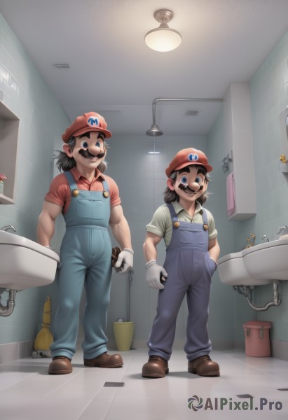 mario,smile,short hair,blue eyes,brown hair,shirt,gloves,hat,holding,closed mouth,standing,full body,flower,short sleeves,male focus,multiple boys,shoes,collared shirt,indoors,white gloves,2boys,muscular,facial hair,siblings,brown footwear,muscular male,towel,red shirt,red headwear,reflection,hand in pocket,twins,mirror,mustache,tiles,overalls,bathroom,brothers,tile wall,toilet,shower head,sink,faucet,blue overalls,looking at viewer,open mouth,black hair,teeth,looking at another,shadow,tile floor,industrial pipe