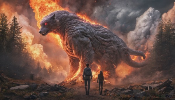 red eyes, outdoors, multiple boys, sky, cloud, 2boys, tree, glowing, fire, nature, glowing eyes, forest, smoke, monster, oversized animal, kaijuu