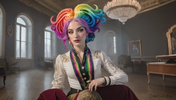 1girl,solo,long hair,looking at viewer,smile,shirt,long sleeves,brown eyes,jewelry,sitting,closed mouth,blue hair,jacket,ponytail,pink hair,purple hair,multicolored hair,earrings,green hair,day,collared shirt,pants,indoors,two-tone hair,lips,streaked hair,grey eyes,eyelashes,window,makeup,buttons,chair,table,sunlight,ring,white jacket,high ponytail,lipstick,gem,instrument,multicolored clothes,eyeshadow,wooden floor,realistic,nose,on floor,red lips,lamp,fringe trim,painting (object),piano,chest of drawers,rainbow hair,blonde hair,hair ornament,flower,hair flower,reflection