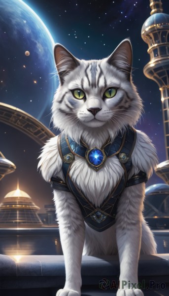 solo,looking at viewer,jewelry,green eyes,sky,signature,no humans,night,animal,fangs,moon,cat,slit pupils,brooch,gem,star (sky),night sky,full moon,starry sky,space,animal focus,white fur,planet,whiskers,blue gemstone,artist name,watermark,white cat