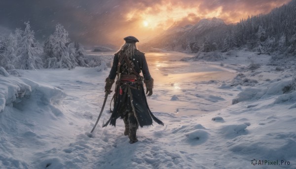 solo,long hair,gloves,1boy,hat,holding,standing,weapon,grey hair,male focus,boots,outdoors,sky,belt,pants,sword,cloud,from behind,holding weapon,tree,coat,gun,black headwear,holding sword,sheath,holding gun,nature,scenery,rifle,snow,brown gloves,handgun,forest,walking,snowing,mountain,sun,facing away,footprints,tricorne,antique firearm,long sleeves,full body,white hair,black gloves,black footwear,torn clothes,katana,cloudy sky,sunset,black coat,pine tree