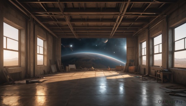 sky,cloud,indoors,water,book,no humans,window,night,chair,moon,table,sunlight,star (sky),scenery,desk,starry sky,reflection,wooden floor,cable,space,computer,crescent moon,monitor,planet,earth (planet),spacecraft,globe