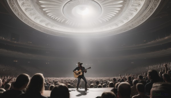 1girl,shirt,holding,standing,boots,solo focus,pants,from behind,black footwear,instrument,6+boys,jeans,music,guitar,wide shot,multiple others,playing instrument,holding instrument,electric guitar,crowd,stage,spotlight,stage lights,people,6+others,concert,audience,1boy,hat,jacket,male focus,multiple boys,black pants,silhouette,light,acoustic guitar