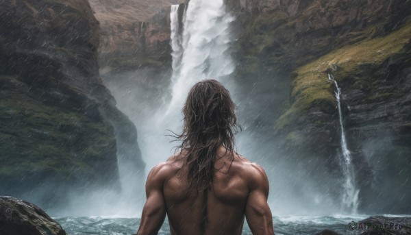 solo, long hair, brown hair, 1boy, male focus, outdoors, water, from behind, wet, muscular, back, rain, realistic, facing away, waterfall