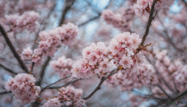 flower, outdoors, day, blurry, tree, no humans, depth of field, cherry blossoms, scenery, branch