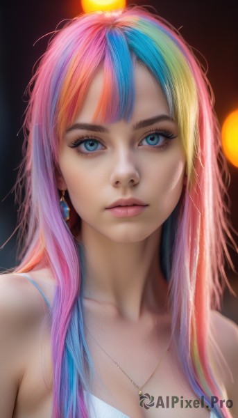 1girl,solo,long hair,breasts,looking at viewer,bangs,blue eyes,blonde hair,cleavage,bare shoulders,jewelry,medium breasts,closed mouth,blue hair,collarbone,upper body,pink hair,multicolored hair,earrings,necklace,blurry,two-tone hair,lips,streaked hair,eyelashes,makeup,portrait,pendant,eyeshadow,realistic,nose,mascara,artist name,mole,watermark,expressionless,messy hair,web address,rainbow hair