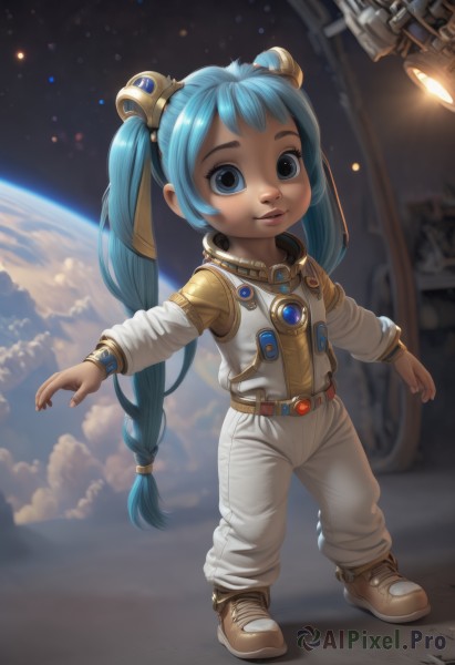 1girl,solo,long hair,looking at viewer,smile,blue eyes,hair ornament,twintails,jewelry,very long hair,blue hair,standing,full body,boots,shoes,signature,lips,aqua hair,brown footwear,child,star (sky),realistic,female child,space,planet,earth (planet),spacecraft,spacesuit,astronaut,braid,belt,vest,aged down