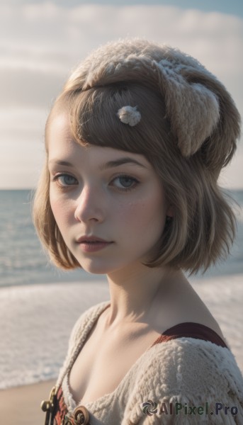 1girl,solo,breasts,looking at viewer,short hair,bangs,blue eyes,blonde hair,brown hair,shirt,hair ornament,cleavage,closed mouth,collarbone,upper body,flower,hairband,small breasts,outdoors,sky,day,artist name,hair flower,blurry,lips,eyelashes,depth of field,blurry background,ocean,beach,freckles,realistic,nose,white background,animal ears,jewelry,earrings,portrait