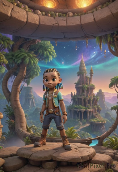 solo,looking at viewer,smile,brown hair,black hair,1boy,navel,brown eyes,jewelry,standing,male focus,earrings,boots,outdoors,sky,shorts,belt,dark skin,water,necklace,black eyes,bracelet,tree,night,dark-skinned male,plant,child,star (sky),night sky,scenery,starry sky,palm tree,dreadlocks,1girl,hair ornament,full body,short sleeves,open clothes,artist name,vest,glowing,watermark,brown footwear,feathers,denim,blue shorts,sunset,lantern,fantasy,facepaint,open vest,cliff