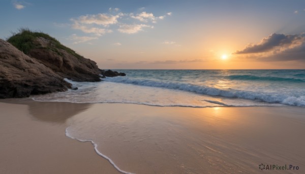 outdoors,sky,day,cloud,water,tree,blue sky,no humans,ocean,beach,sunlight,nature,scenery,sunset,rock,sand,sun,horizon,waves,evening,gradient sky,shore,orange sky,cloudy sky,grass,reflection,landscape