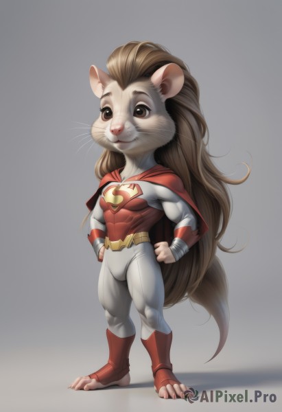 1girl,solo,long hair,breasts,smile,simple background,brown hair,animal ears,brown eyes,very long hair,closed mouth,standing,tail,full body,belt,artist name,grey background,cape,gradient,gradient background,bodysuit,muscular,skin tight,claws,furry,hands on hips,furry female,red cape,toeless legwear,body fur,white bodysuit,superhero,whiskers,two-tone fur,animal feet,furrification,gloves,white background,boots,no humans,shadow,realistic