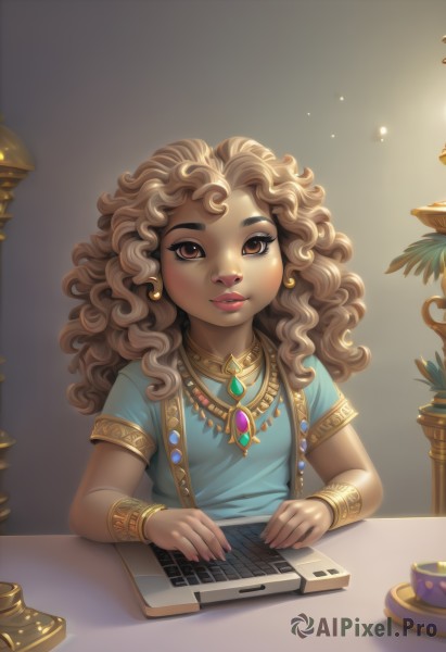 1girl,solo,long hair,looking at viewer,brown hair,shirt,brown eyes,jewelry,sitting,upper body,short sleeves,earrings,parted lips,dark skin,necklace,flat chest,bracelet,dark-skinned female,lips,fingernails,eyelashes,wavy hair,table,blue shirt,plant,gem,child,desk,curly hair,nose,female child,bracer,neck ring,keyboard (computer),breasts,small breasts,cup,makeup,watermark,instrument,web address,pendant,bangle