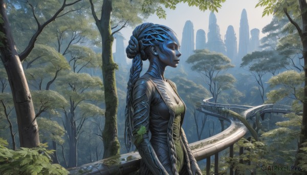 1girl,solo,long hair,breasts,medium breasts,blue hair,braid,outdoors,from side,tree,profile,colored skin,nature,scenery,forest,science fiction,fantasy,blue skin,bridge,alien,black lips,dress,tail,upper body,day,hair bun,lips,single braid,leaf,single hair bun,plant,scales,ruins,statue,overgrown