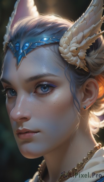 1girl,solo,looking at viewer,short hair,blue eyes,hair ornament,animal ears,jewelry,closed mouth,earrings,artist name,necklace,blurry,lips,eyelashes,makeup,blurry background,tiara,feathers,gem,portrait,close-up,freckles,circlet,realistic,nose,stud earrings,mascara,blue hair,mole,watermark