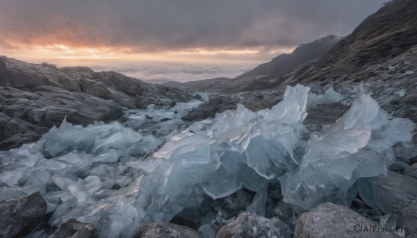 outdoors,sky,cloud,no humans,cloudy sky,scenery,sunset,ice,rock,mountain,landscape,mountainous horizon,cliff,snow,frozen