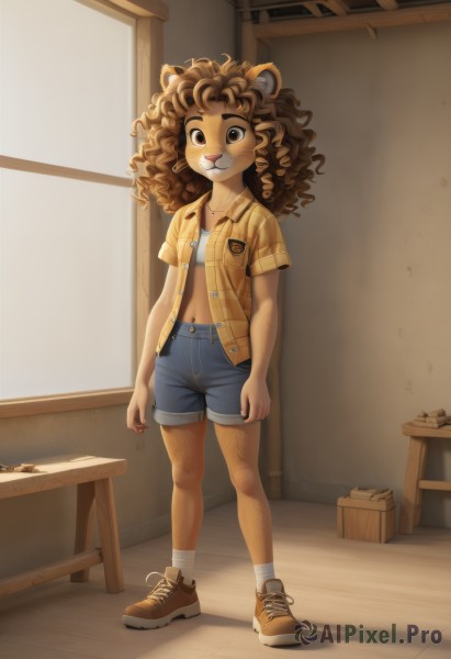 1girl,solo,long hair,breasts,looking at viewer,smile,bangs,brown hair,shirt,navel,animal ears,brown eyes,standing,collarbone,full body,short sleeves,small breasts,open clothes,shoes,shorts,teeth,day,socks,midriff,collared shirt,artist name,indoors,signature,bra,flat chest,plaid,short shorts,window,open shirt,:3,watermark,chair,brown footwear,table,happy,sunlight,denim,white socks,messy hair,sneakers,box,furry,freckles,blue shorts,denim shorts,curly hair,pocket,furry female,breast pocket,body fur,lion ears,bear ears,plaid shirt,animal nose,snout,brown fur,yellow fur,jacket,striped,buttons,shadow,yellow shirt,striped shirt