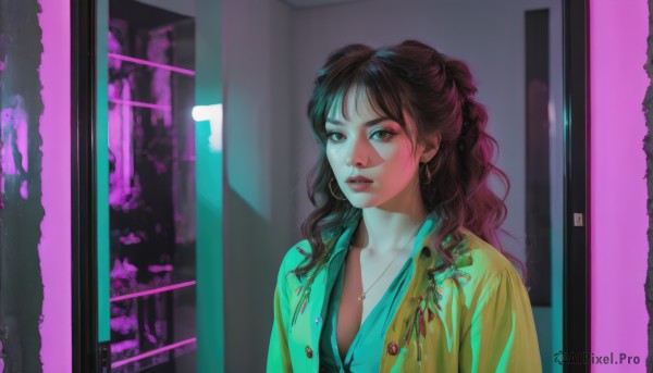 1girl,solo,long hair,breasts,looking at viewer,bangs,brown hair,shirt,black hair,cleavage,brown eyes,jewelry,collarbone,jacket,upper body,earrings,parted lips,open clothes,indoors,necklace,hair bun,lips,makeup,wavy hair,curly hair,hoop earrings,realistic,nose,door,yellow jacket,collared shirt,eyelashes,buttons,piercing,blue shirt,eyeshadow,green shirt,unbuttoned,eyeliner,partially unbuttoned,unbuttoned shirt