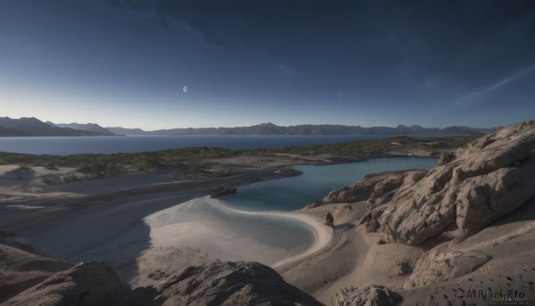 outdoors,sky,artist name,cloud,signature,water,tree,no humans,night,ocean,beach,moon,star (sky),nature,night sky,scenery,starry sky,rock,mountain,sand,horizon,crescent moon,landscape,mountainous horizon,shore,desert,cliff,day,blue sky