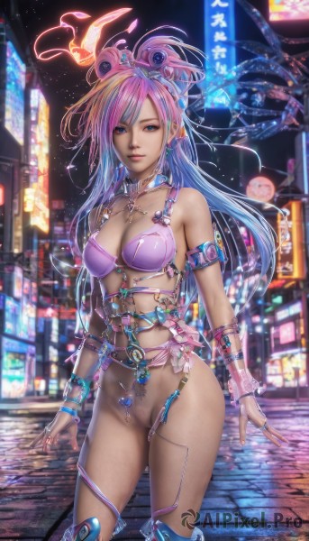 1girl,solo,long hair,breasts,looking at viewer,blue eyes,gloves,cleavage,jewelry,medium breasts,underwear,blue hair,standing,swimsuit,pink hair,bikini,multicolored hair,earrings,boots,outdoors,dark skin,fingerless gloves,necklace,bra,collar,bracelet,two-tone hair,lips,tattoo,night,piercing,ring,ear piercing,revealing clothes,bikini top only,science fiction,city,realistic,navel piercing,cyberpunk,hair ornament,navel,bare shoulders,purple hair,pussy,belt,nail polish,blurry,streaked hair,fingernails,pubic hair,uncensored,makeup,blurry background,bottomless,watermark,female pubic hair,building,armband,pink nails,armlet,long fingernails,pink lips,road,cable,street,neon lights